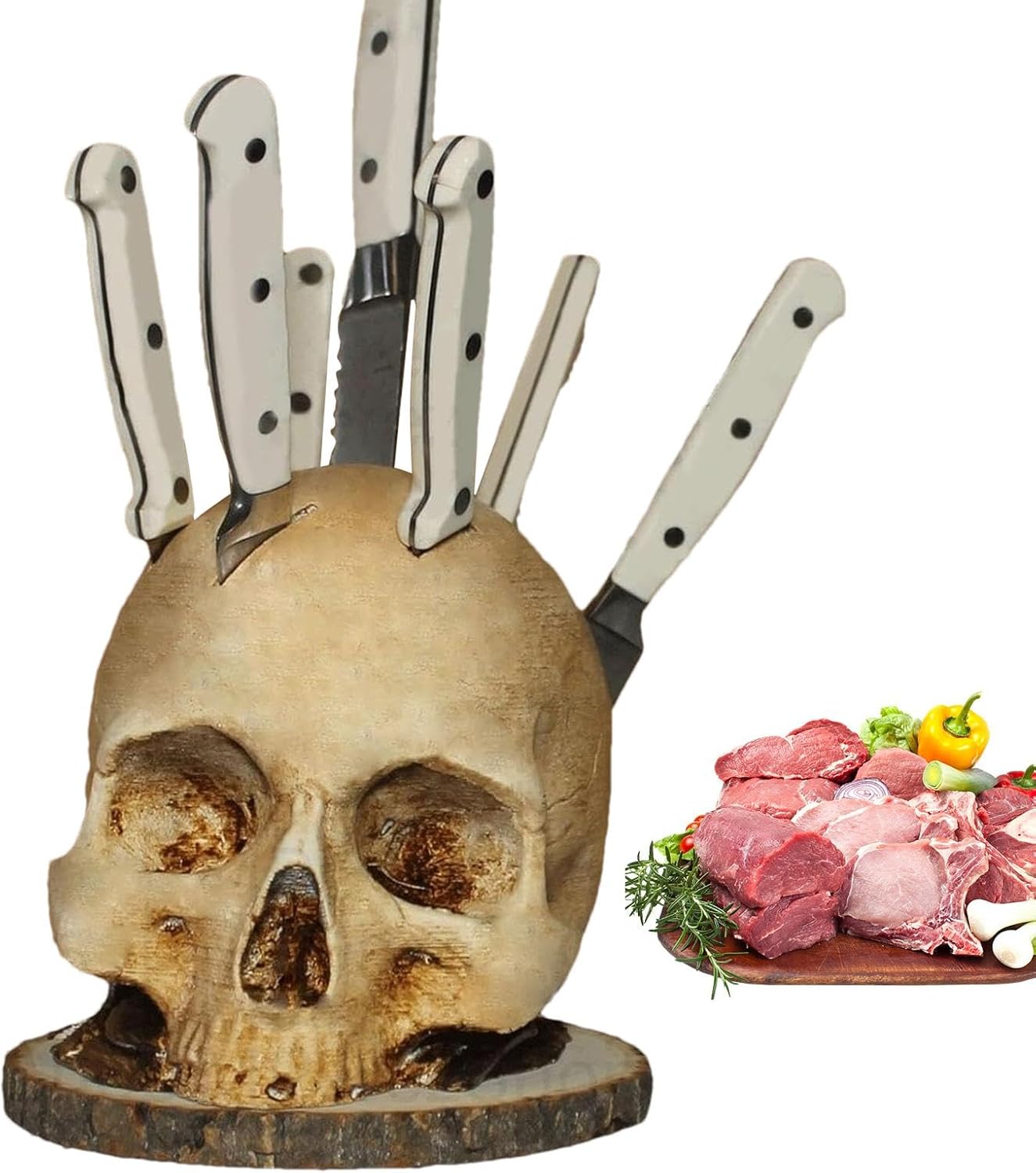 Skull Knife Holder – Unique Skeleton Head Kitchen Storage Rack, Horror Knife Stand and Fruit Rack Halloween Home Decoration