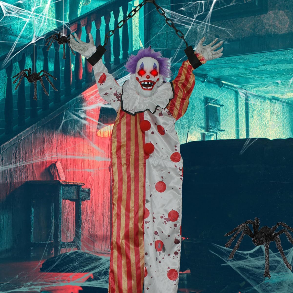 Sound-Activated Hanging Ghost Decoration – Halloween Talking Clown Prop with Glowing Lights for Haunted House, Porch, and Party Decor