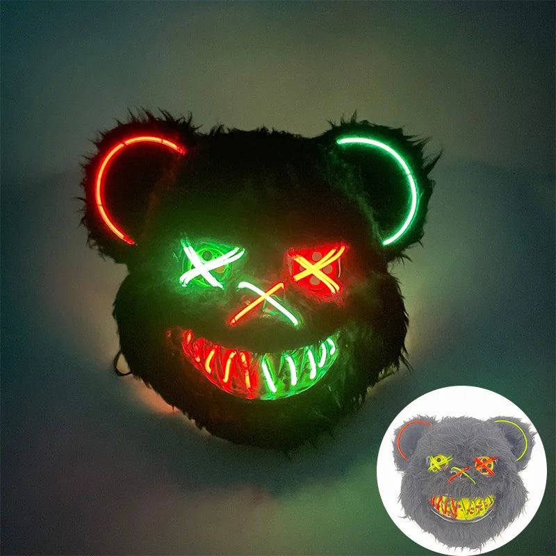 Halloween Bloody Bear Killer Mask – LED Light-Up Flashing Neon Horror Mask for Scary Cosplay, Costume Parties, and Haunted House Decoration