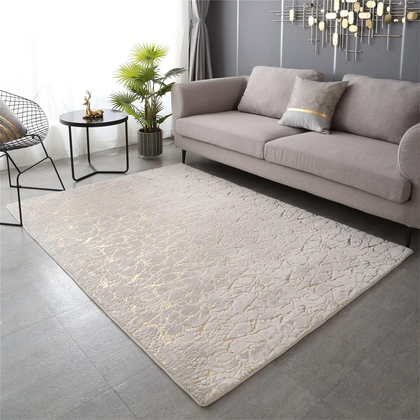 Soft Faux Rabbit Fur Area Rug – Crack Gold Foil Design Fluffy Bedside Carpet for Living Room, Bedroom & Kids’ Play Area