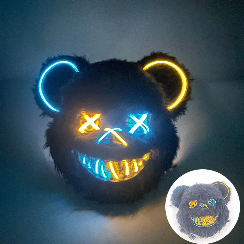 Halloween Bloody Bear Killer Mask – LED Light-Up Flashing Neon Horror Mask for Scary Cosplay, Costume Parties, and Haunted House Decoration