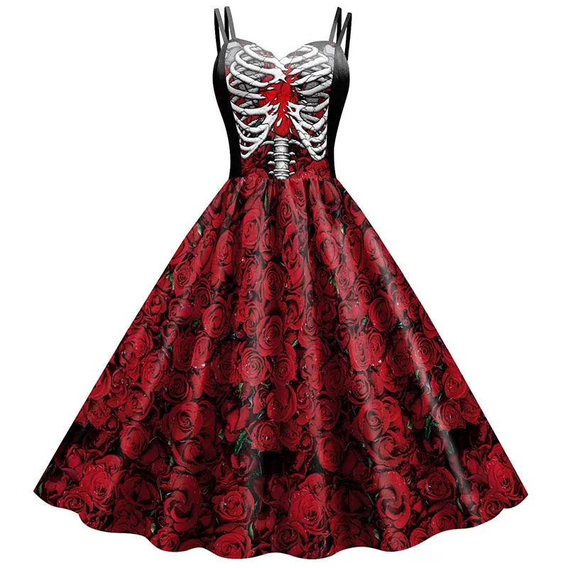 Women’s Halloween Skeleton Rose Dress – Elegant Gothic Print Rockabilly Costume for Carnival, Party, or Christmas Holiday Celebrations