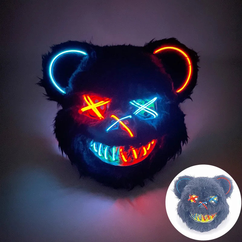 Halloween Bloody Bear Killer Mask – LED Light-Up Flashing Neon Horror Mask for Scary Cosplay, Costume Parties, and Haunted House Decoration