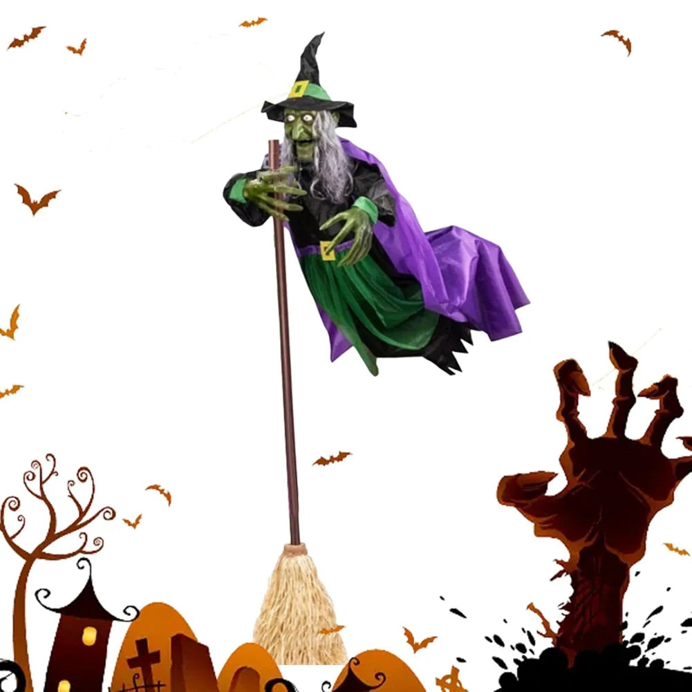 Halloween Flying Witch on Broom – Animatronic Witch with Luminous Eyes for Outdoor Yard Party Props and Haunted House Decor