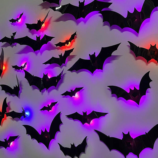 Halloween Bat and Spider Wall Décor – Glow-in-the-Dark 3D Stickers with LED Lights for Indoor and Outdoor Party Scares