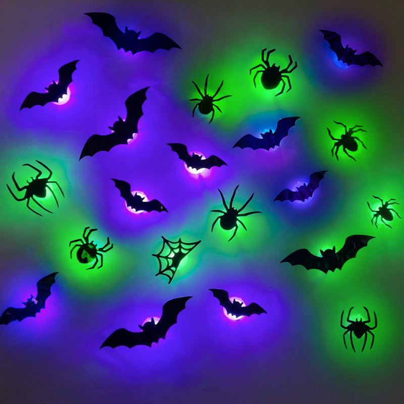 Halloween Bat and Spider Wall Décor – Glow-in-the-Dark 3D Stickers with LED Lights for Indoor and Outdoor Party Scares