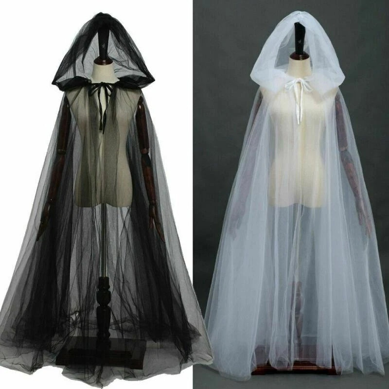 Hooded Mesh Cloak Cape – Men and Women Long Witch Wedding Bride Costume, Gothic Halloween Party Dark Goth Cosplay Outfit