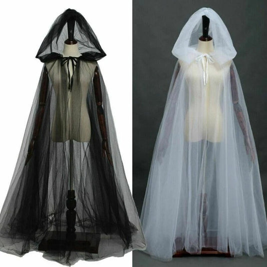 Hooded Mesh Cloak Cape – Men and Women Long Witch Wedding Bride Costume, Gothic Halloween Party Dark Goth Cosplay Outfit