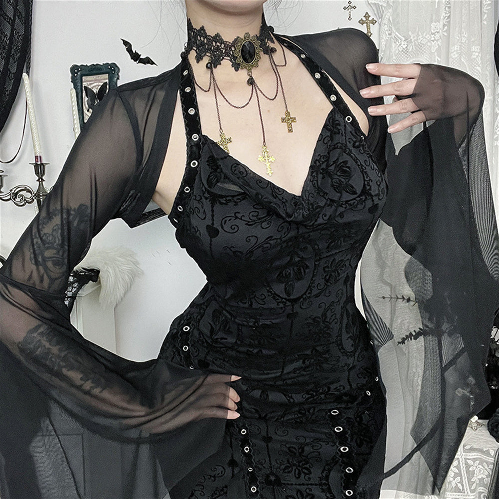 Halloween Gothic Mesh Crop Top for Women – Sexy Batwing Sleeve See-Through Blouse, Vintage Streetwear for Cosplay and Party Fashion