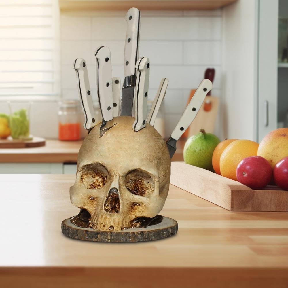 Skull Knife Holder – Unique Skeleton Head Kitchen Storage Rack, Horror Knife Stand and Fruit Rack Halloween Home Decoration