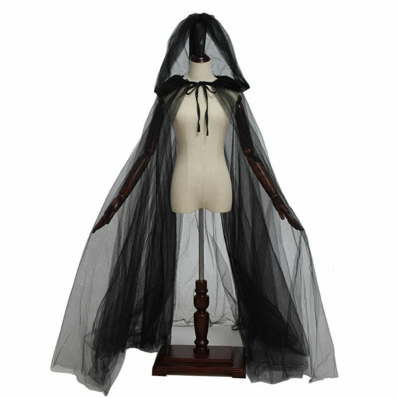 Hooded Mesh Cloak Cape – Men and Women Long Witch Wedding Bride Costume, Gothic Halloween Party Dark Goth Cosplay Outfit