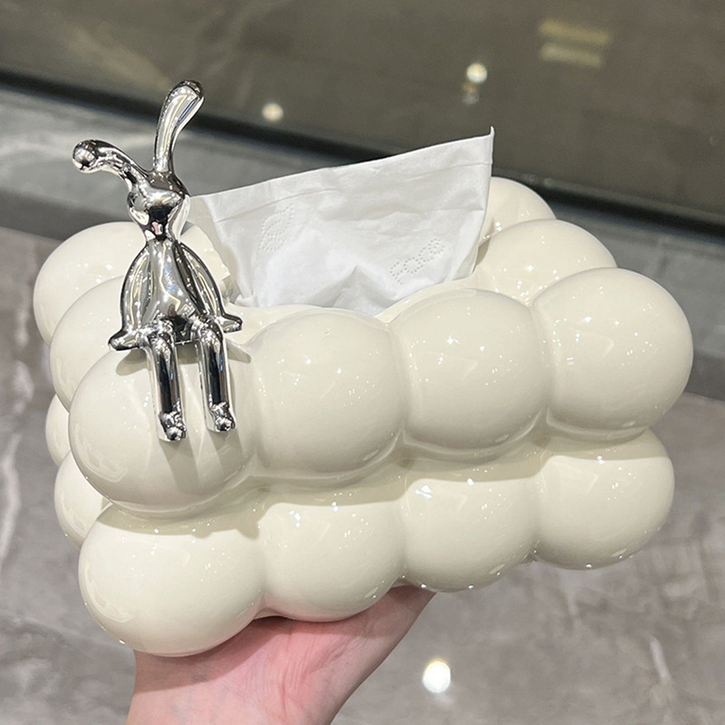 Ceramic Cloud Shaped Facial Tissue Holder – Non-Slip Tissue Box Cover and Dispenser for Living Room, Bathroom, and Kitchen Countertop