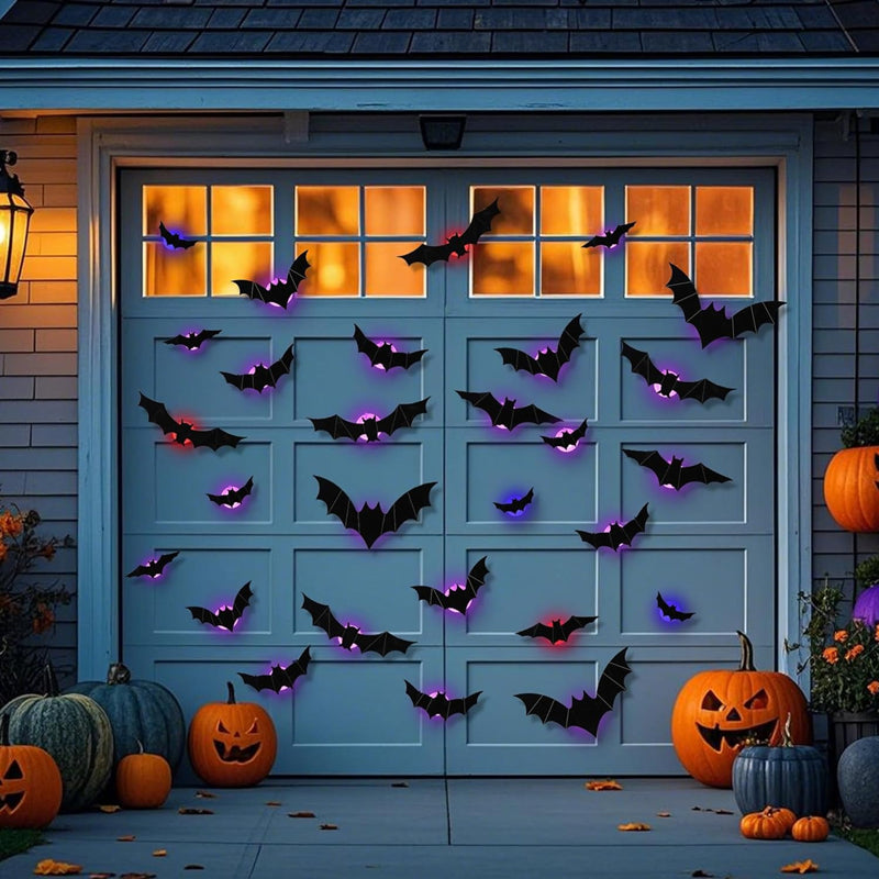 Halloween Bat and Spider Wall Décor – Glow-in-the-Dark 3D Stickers with LED Lights for Indoor and Outdoor Party Scares