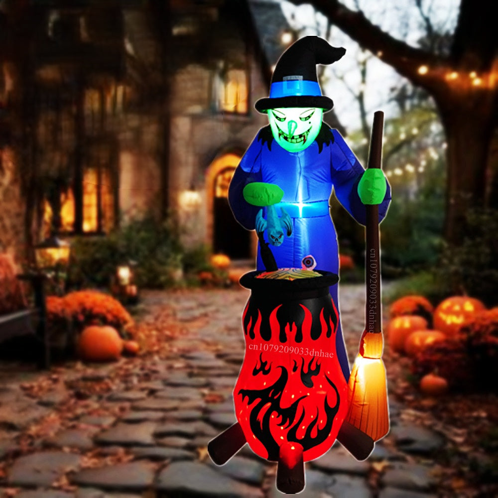 Halloween Inflatable Witch and Pig Model – Built-In LED Light Up Yard Props for Lawn, Garden, Indoor, and Party Decorations