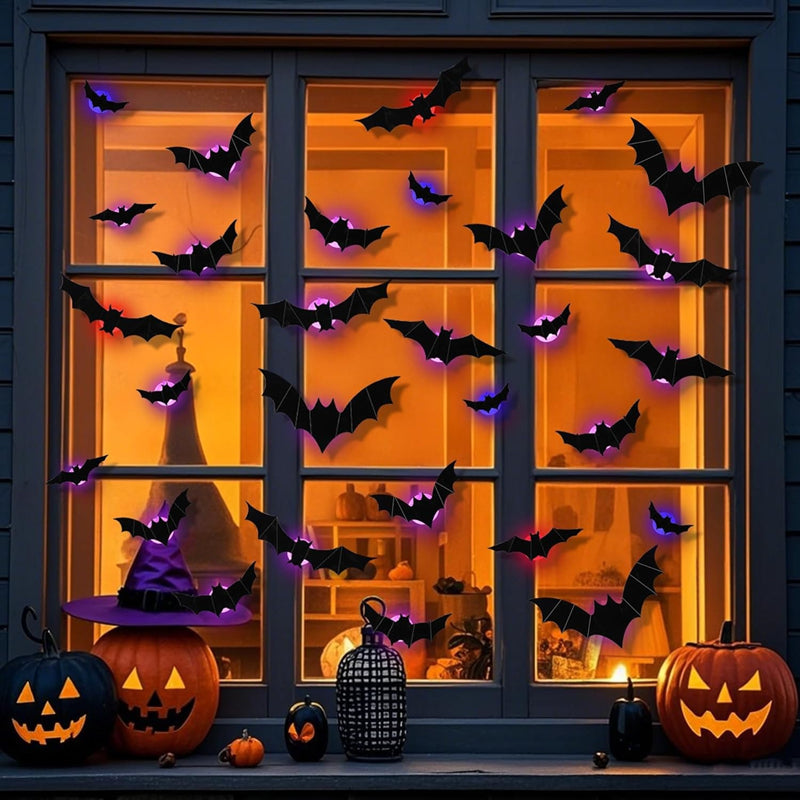 Halloween Bat and Spider Wall Décor – Glow-in-the-Dark 3D Stickers with LED Lights for Indoor and Outdoor Party Scares