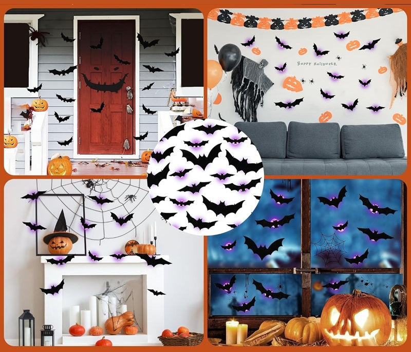 Halloween Bat and Spider Wall Décor – Glow-in-the-Dark 3D Stickers with LED Lights for Indoor and Outdoor Party Scares