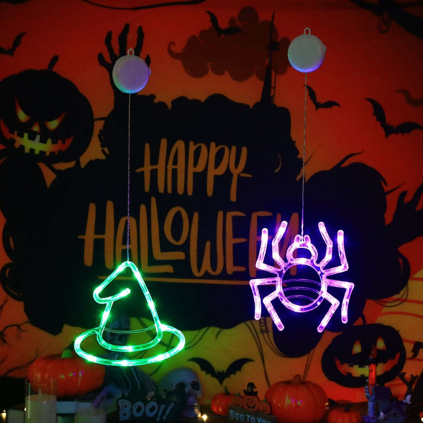 Halloween LED Hanging Lights – Battery-Powered Spooky Bat and Ghost Eye Ornaments for Festive Room, Living Room, and Party Decorations