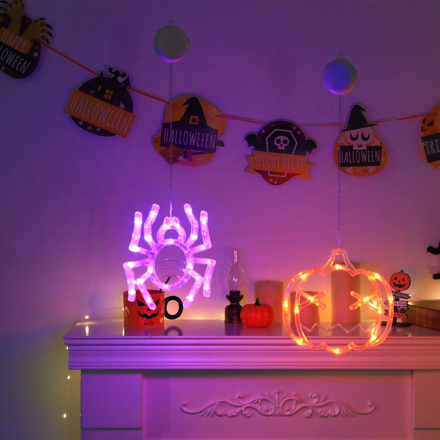 Halloween LED Hanging Lights – Battery-Powered Spooky Bat and Ghost Eye Ornaments for Festive Room, Living Room, and Party Decorations