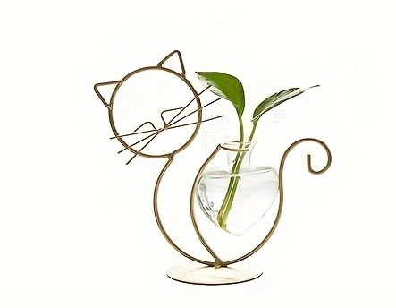 Heart-Shaped Cat Iron Flower Vase – Creative Hydroponic Glass Planter for Dining Table & Home Décor