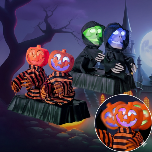 Halloween Dancing Skeleton Pumpkin Duo – Motorized Animatronic Decoration with LED Color Fade, Sound Effects, and Yard Terror Party Props