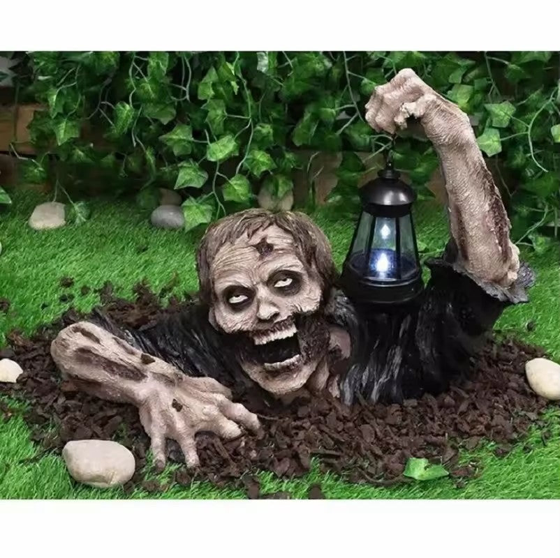 Halloween Zombie Statue with Lantern – Outdoor Garden Ornament Waterproof Decoration for Lawn, Patio, Yard, and Haunted House Props