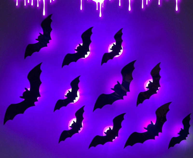 Halloween Bat and Spider Wall Décor – Glow-in-the-Dark 3D Stickers with LED Lights for Indoor and Outdoor Party Scares