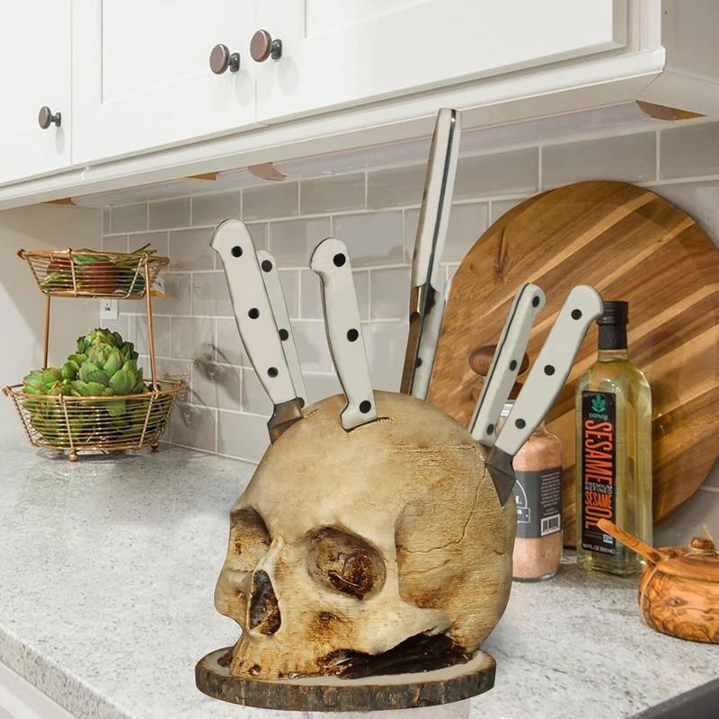 Skull Knife Holder – Unique Skeleton Head Kitchen Storage Rack, Horror Knife Stand and Fruit Rack Halloween Home Decoration