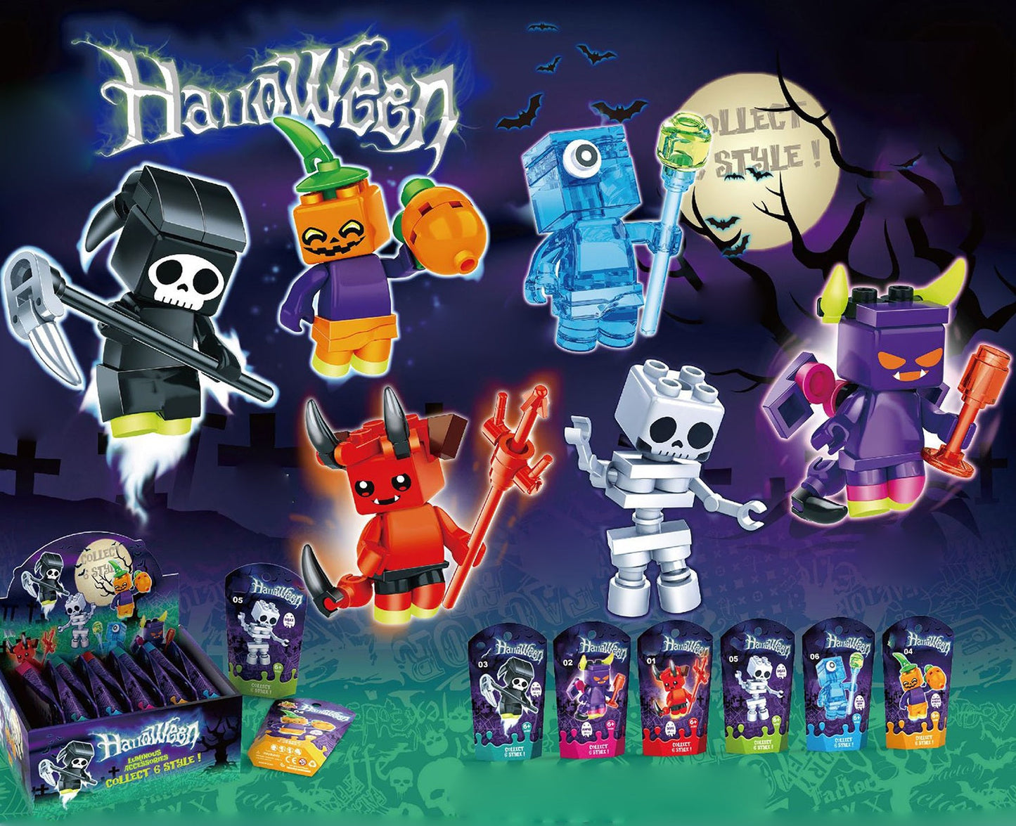 Halloween Puzzle Building Blocks – Luminous Pumpkin, Skull, and Elf Assembly Toy Set for Kids Educational Creative Holiday Fun