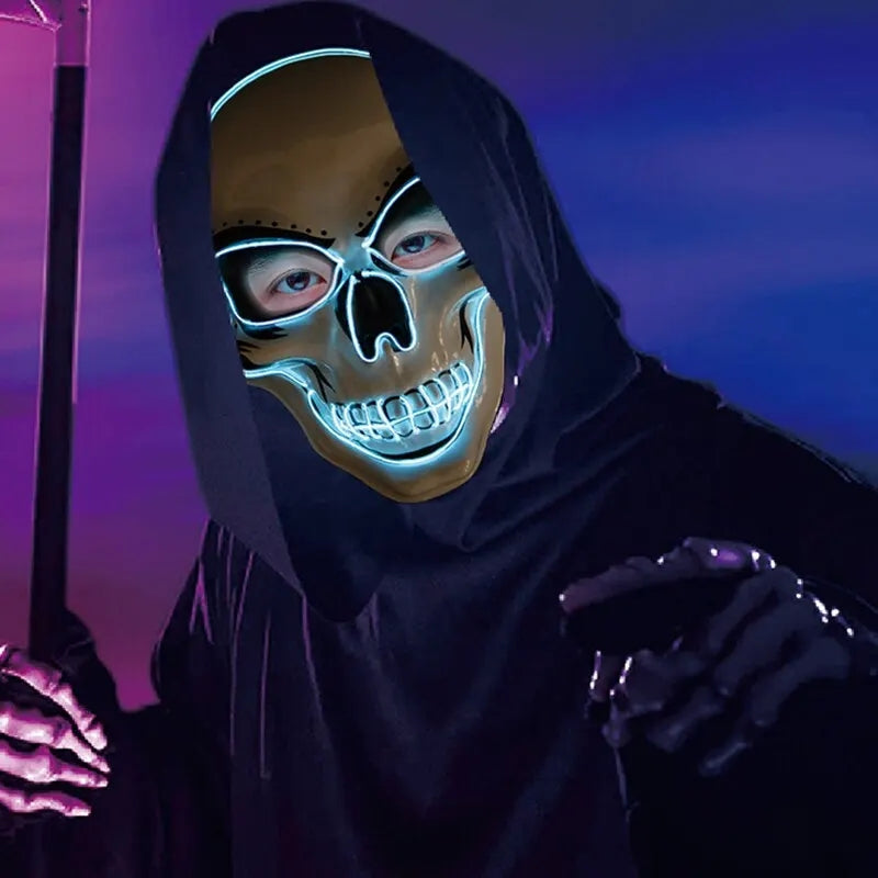Halloween LED Skull Mask – Glowing Cold Light Horror Mask with LED Illumination for Masquerade, Cosplay, Haunted House, and Party Decor