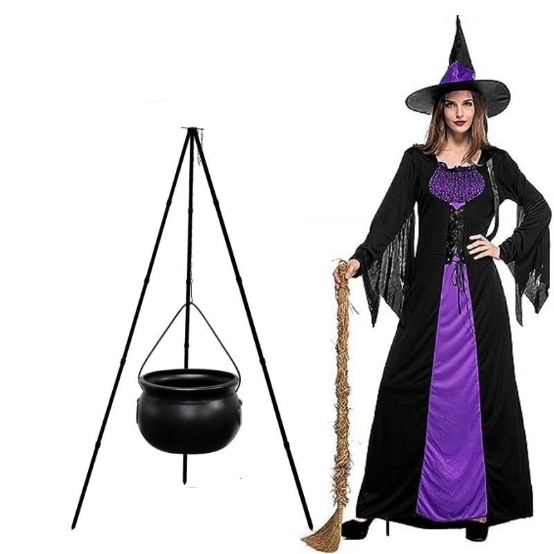 Large Witch Cauldron Halloween Decoration - With Tripod Stand, Black Candy Bowl, Lights for Outdoor Hocus Pocus Party Decor