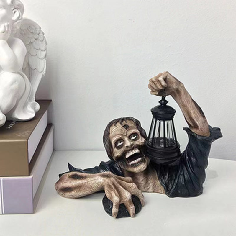 Halloween Zombie Statue with Lantern – Outdoor Garden Ornament Waterproof Decoration for Lawn, Patio, Yard, and Haunted House Props
