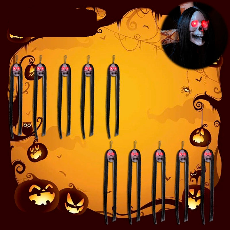 Halloween Hanging Ghost Skeleton Props – 30pcs LED Light-Up Horror Figures with Long Hair for Haunted House, Bar, and Party Decor