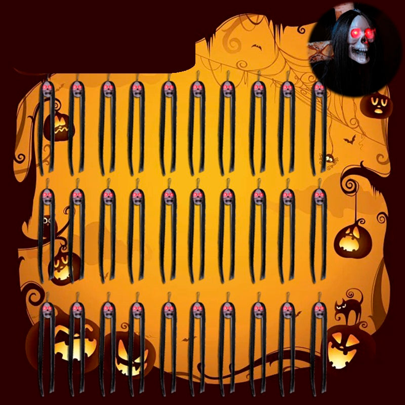 Halloween Hanging Ghost Skeleton Props – 30pcs LED Light-Up Horror Figures with Long Hair for Haunted House, Bar, and Party Decor