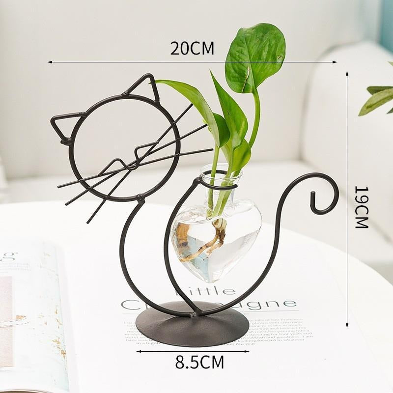 Heart-Shaped Cat Iron Flower Vase – Creative Hydroponic Glass Planter for Dining Table & Home Décor