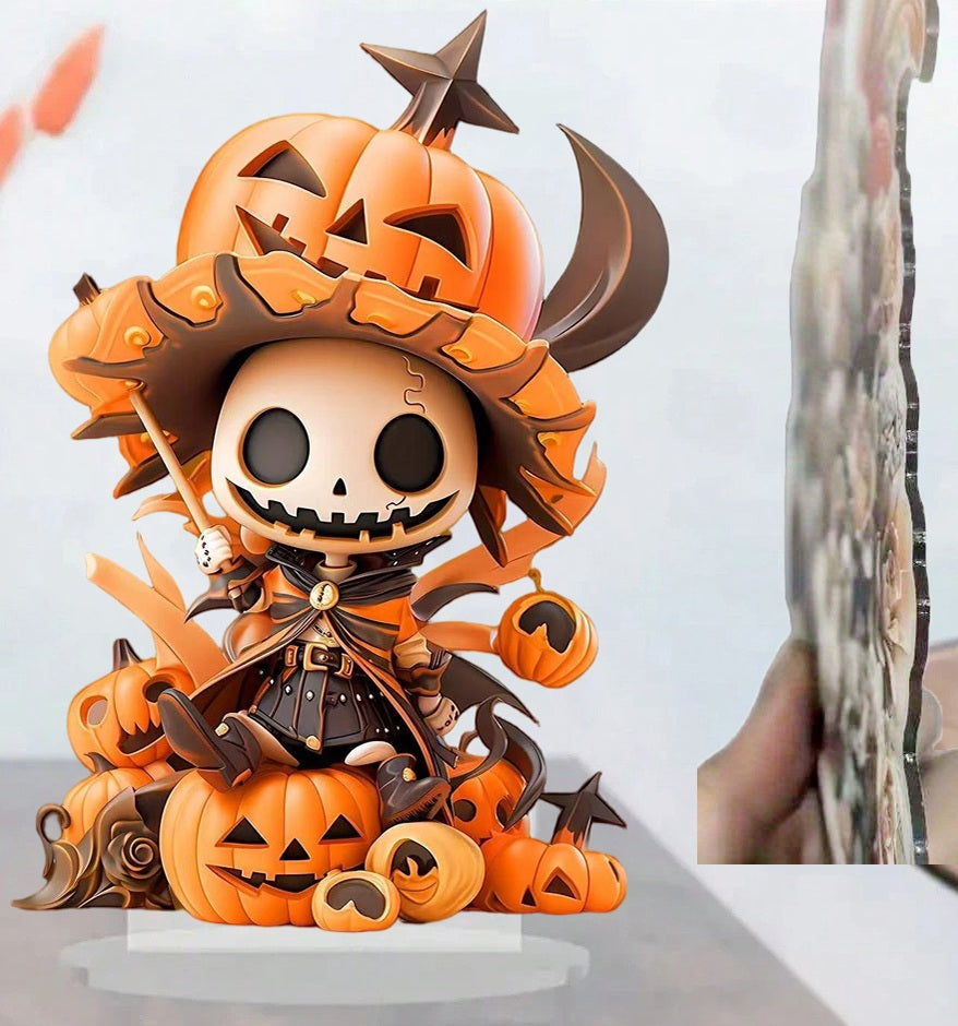 Halloween Pumpkin Skeleton Figurine – 2D Flat Acrylic Ornament for Home, Office, Café, Studio, and Festive Desktop Table Decor
