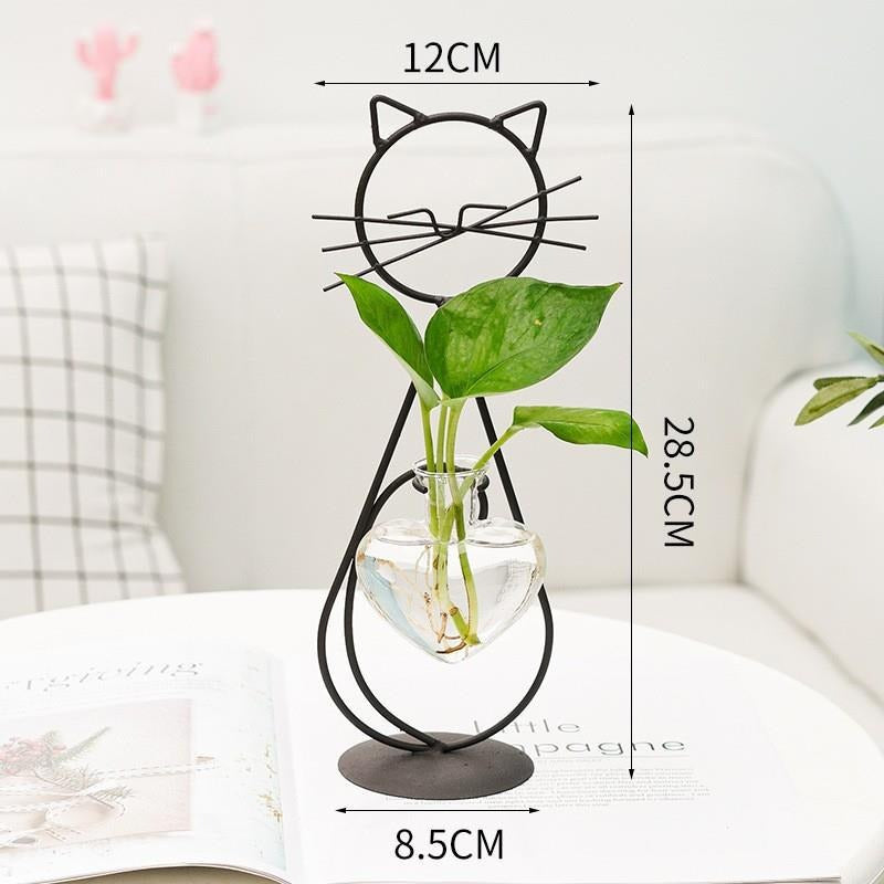 Heart-Shaped Cat Iron Flower Vase – Creative Hydroponic Glass Planter for Dining Table & Home Décor