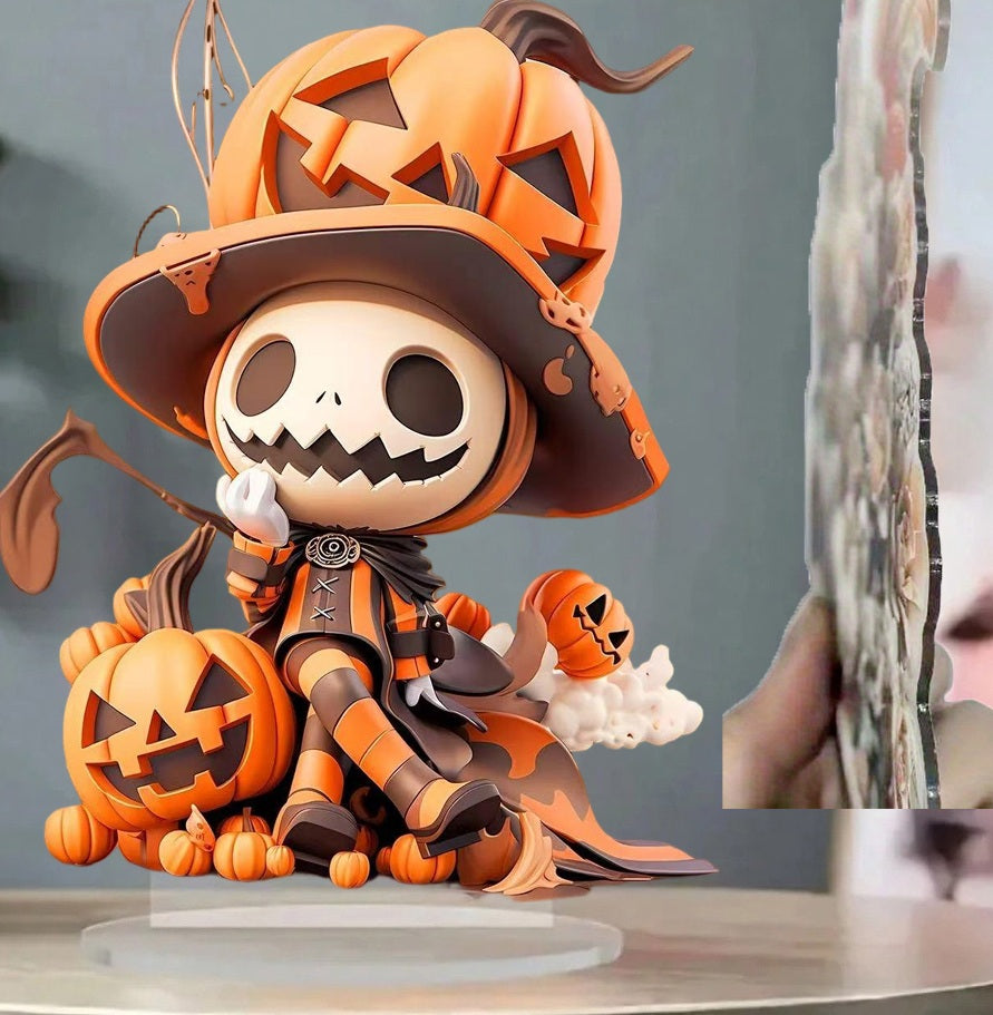 Halloween Pumpkin Skeleton Figurine – 2D Flat Acrylic Ornament for Home, Office, Café, Studio, and Festive Desktop Table Decor