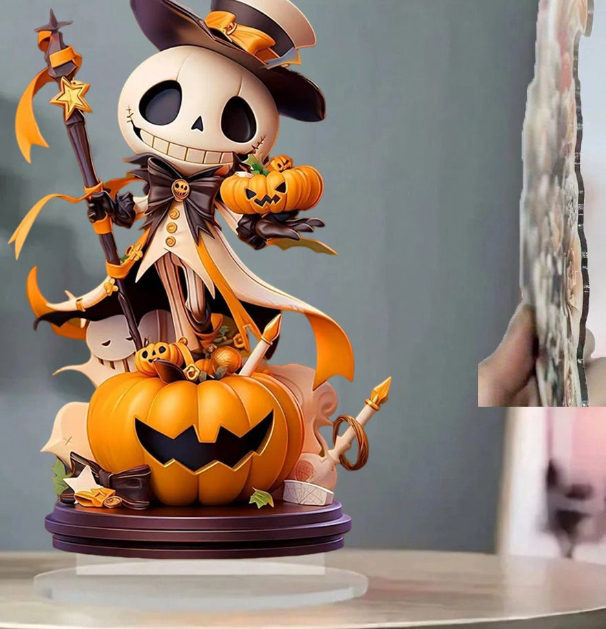 Halloween Pumpkin Skeleton Figurine – 2D Flat Acrylic Ornament for Home, Office, Café, Studio, and Festive Desktop Table Decor