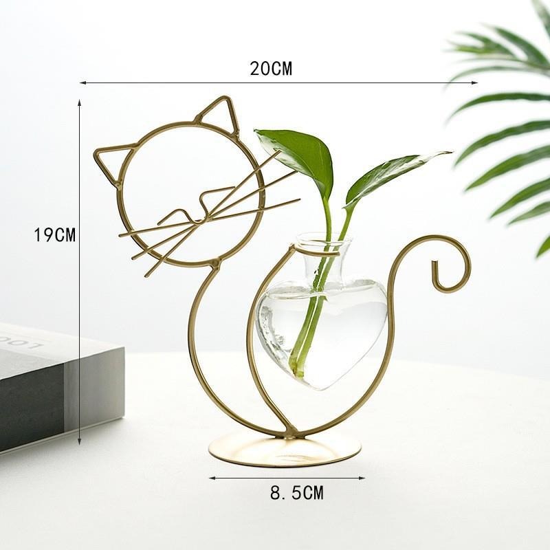 Heart-Shaped Cat Iron Flower Vase – Creative Hydroponic Glass Planter for Dining Table & Home Décor