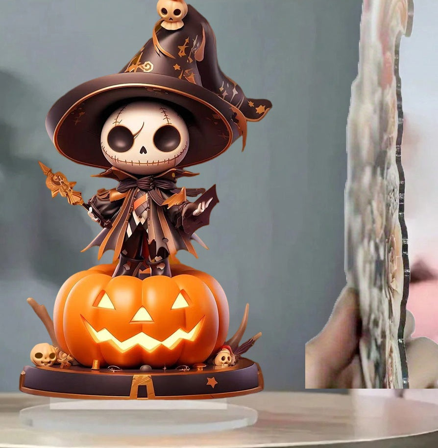 Halloween Pumpkin Skeleton Figurine – 2D Flat Acrylic Ornament for Home, Office, Café, Studio, and Festive Desktop Table Decor