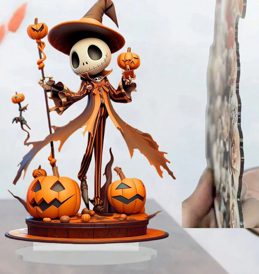 Halloween Pumpkin Skeleton Figurine – 2D Flat Acrylic Ornament for Home, Office, Café, Studio, and Festive Desktop Table Decor