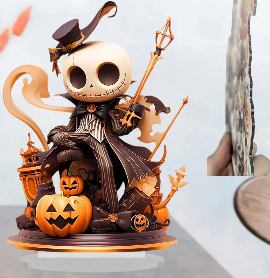 Halloween Pumpkin Skeleton Figurine – 2D Flat Acrylic Ornament for Home, Office, Café, Studio, and Festive Desktop Table Decor