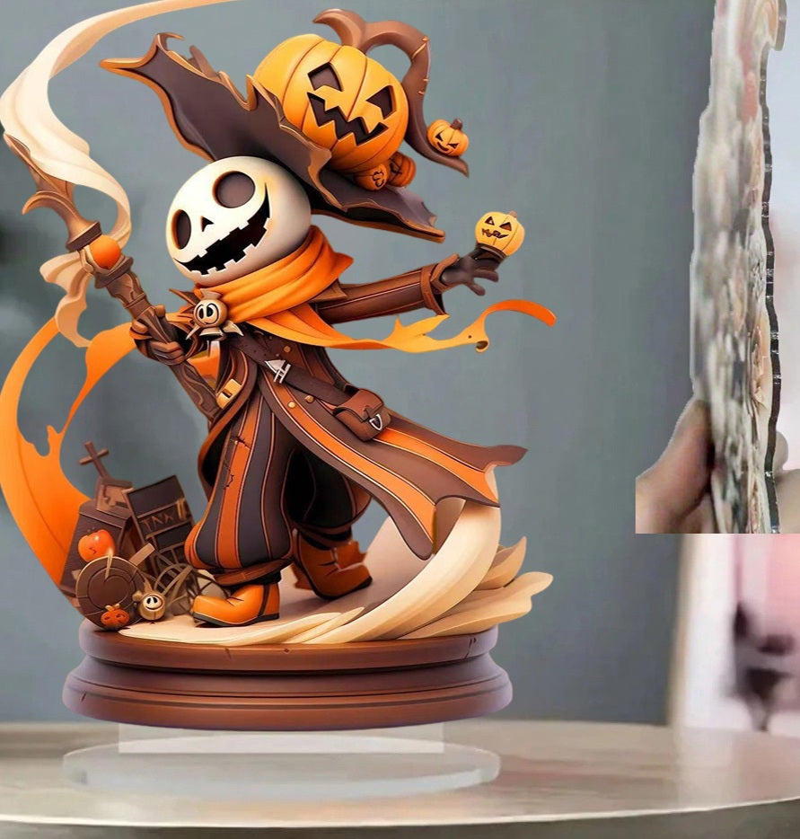 Halloween Pumpkin Skeleton Figurine – 2D Flat Acrylic Ornament for Home, Office, Café, Studio, and Festive Desktop Table Decor