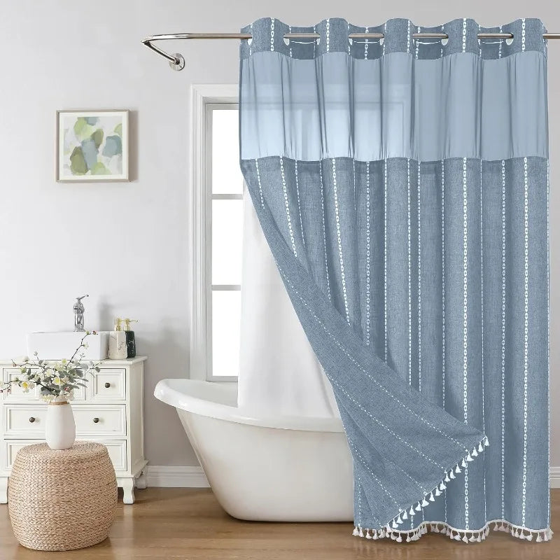 No-Hook Boho Farmhouse Shower Curtain Set – Heavy-Duty Linen Fabric with Tassels, Snap-In Liner for Rustic & Elegant Bathroom Decor