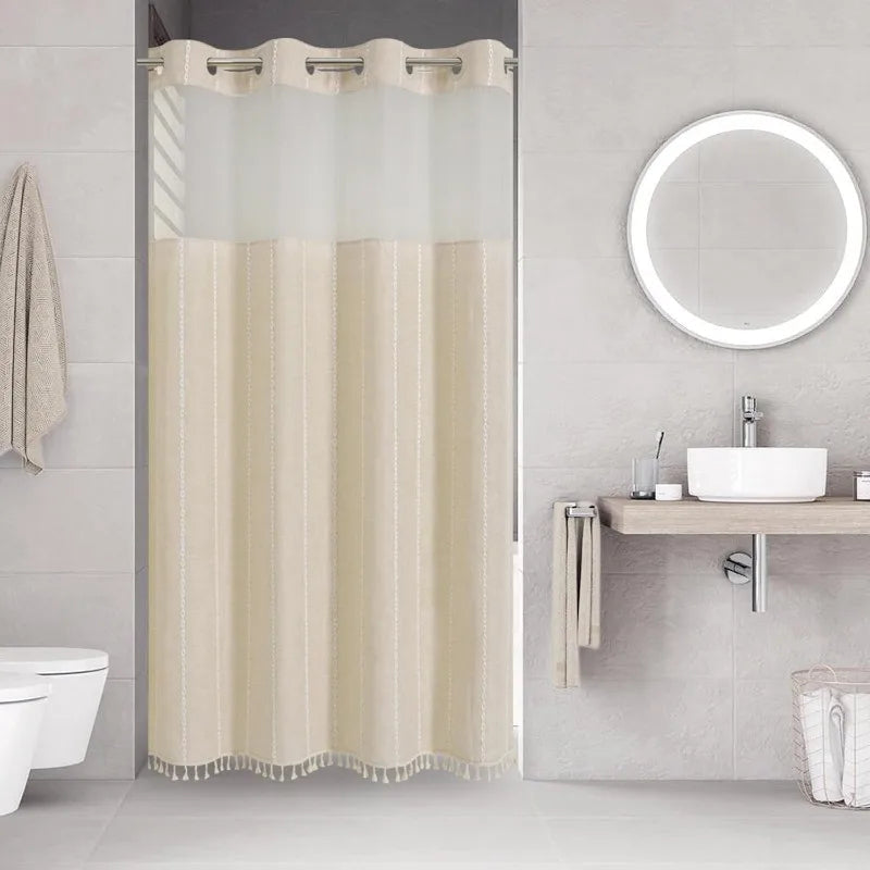No-Hook Boho Farmhouse Shower Curtain Set – Heavy-Duty Linen Fabric with Tassels, Snap-In Liner for Rustic & Elegant Bathroom Decor