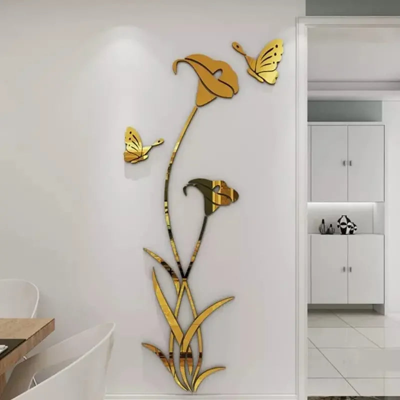 Butterfly Lily Mirror Wall Sticker – 3D DIY Floral Mural Decal for Bedroom, TV Background, and Elegant Living Room Décor Charm