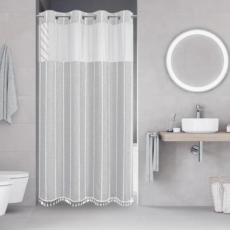 No-Hook Boho Farmhouse Shower Curtain Set – Heavy-Duty Linen Fabric with Tassels, Snap-In Liner for Rustic & Elegant Bathroom Decor