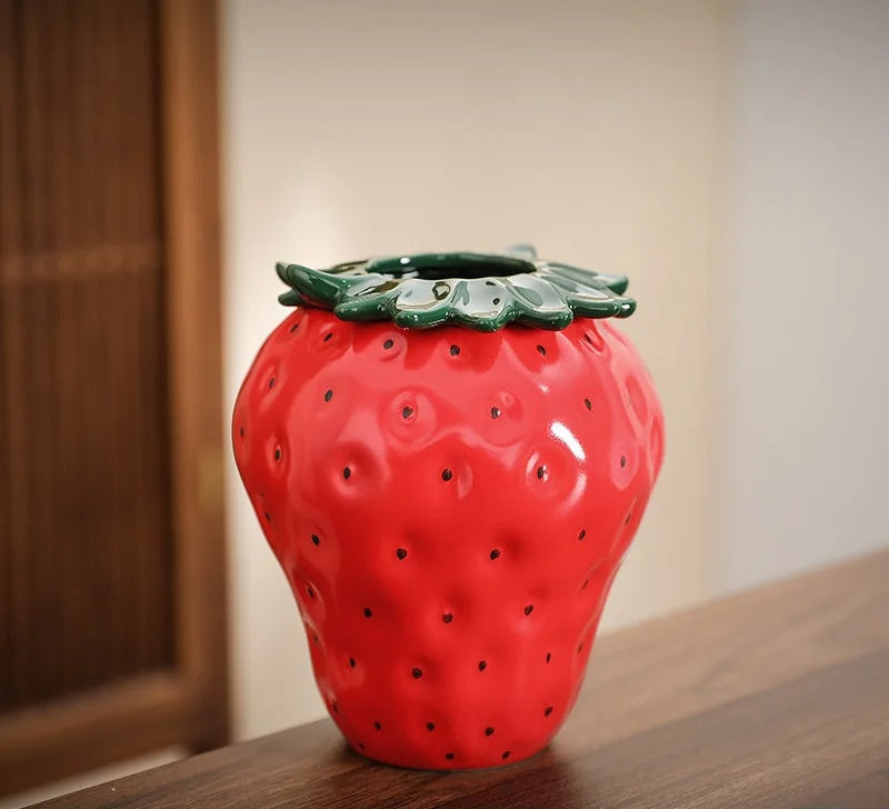 Strawberry Ceramic Flower Vase – Cute Fruit-Inspired Pot for Home Decor, Tabletop Charm, or Floral Display Accessories