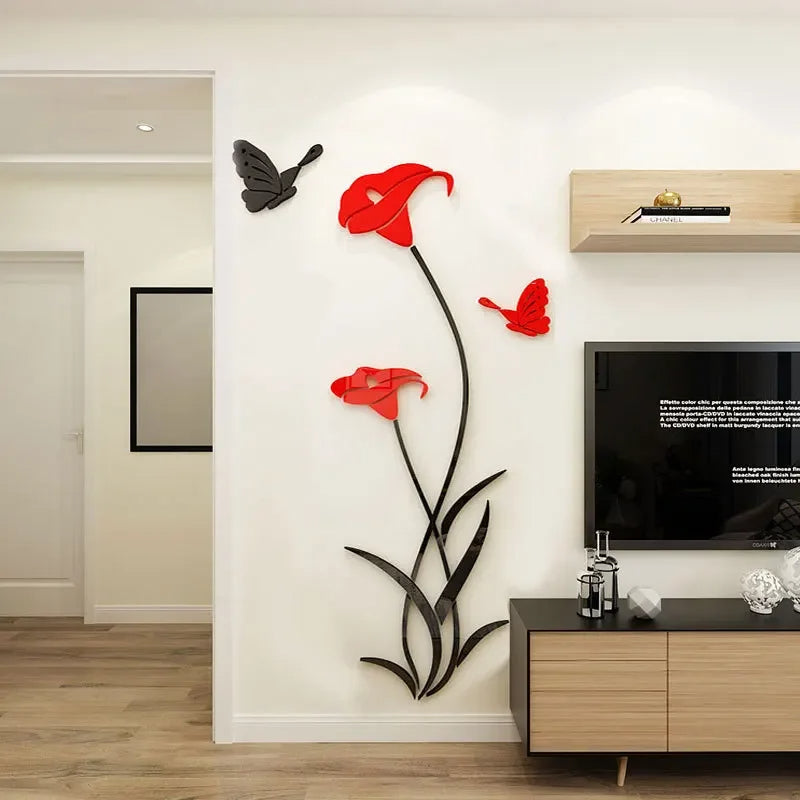 Butterfly Lily Mirror Wall Sticker – 3D DIY Floral Mural Decal for Bedroom, TV Background, and Elegant Living Room Décor Charm