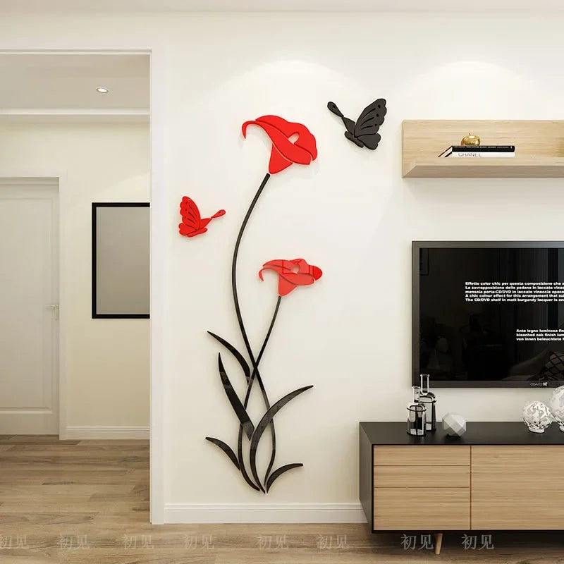 Butterfly Lily Mirror Wall Sticker – 3D DIY Floral Mural Decal for Bedroom, TV Background, and Elegant Living Room Décor Charm